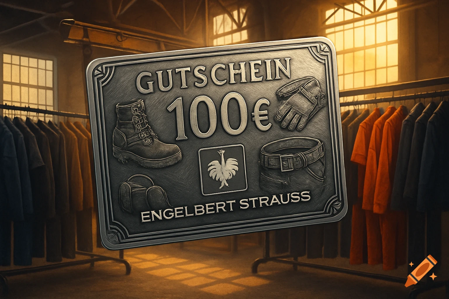 Silver Engelbert Strauss 100 € gift voucher with embossed workwear items like boots, gloves, and a belt, in a clothing store.