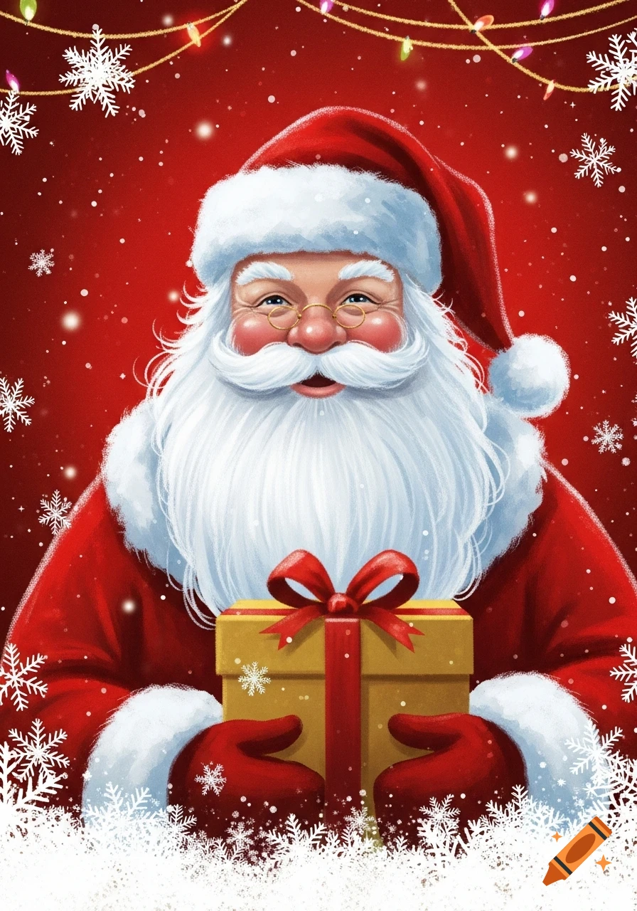 Illustration of Santa Claus smiling, wearing glasses and a red suit, holding a golden gift box against a red snowy background with string lights.