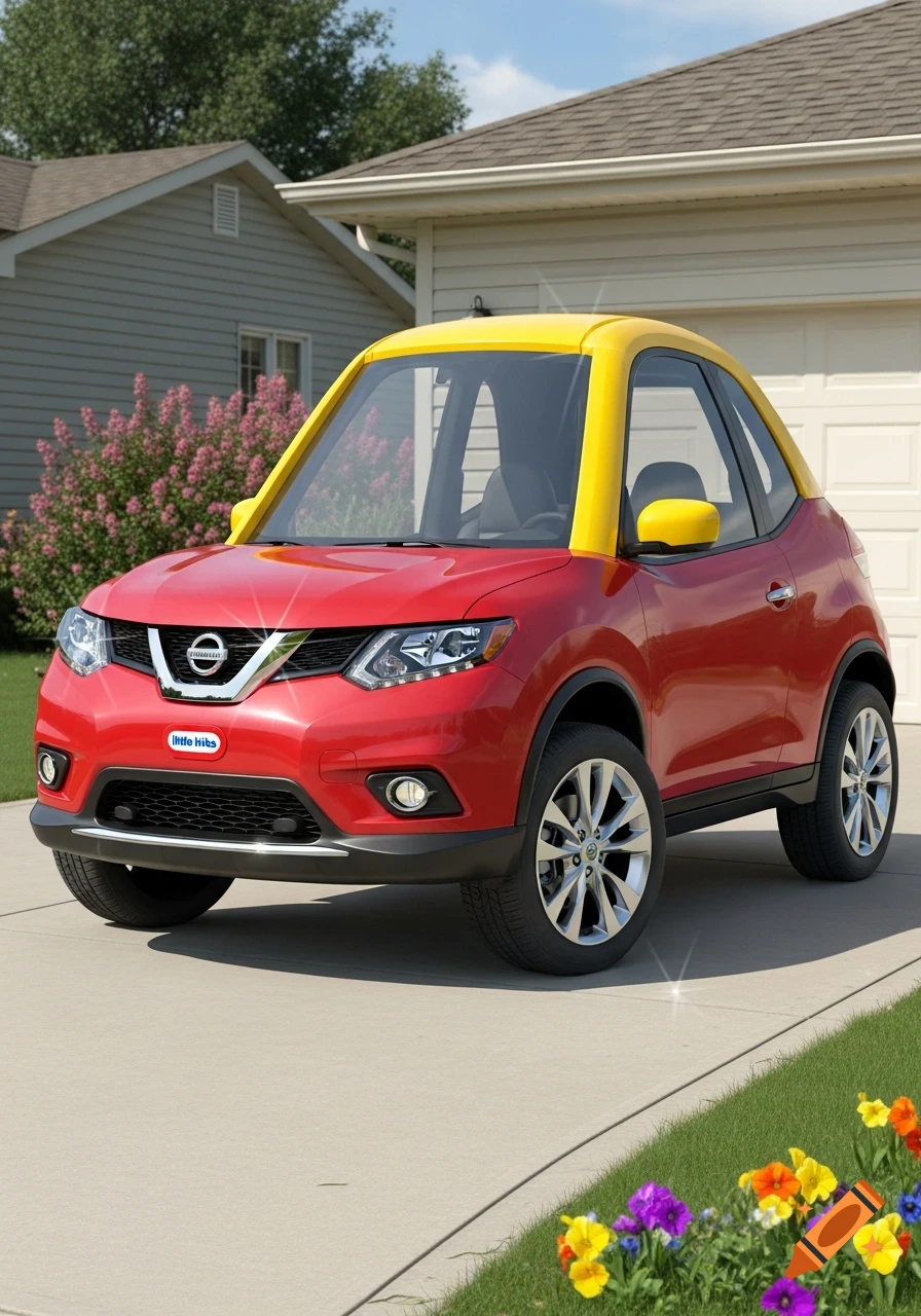 A red and yellow Nissan SUV, styled like a Little Tikes Cozy Coupe, parked on a driveway in front of a house.