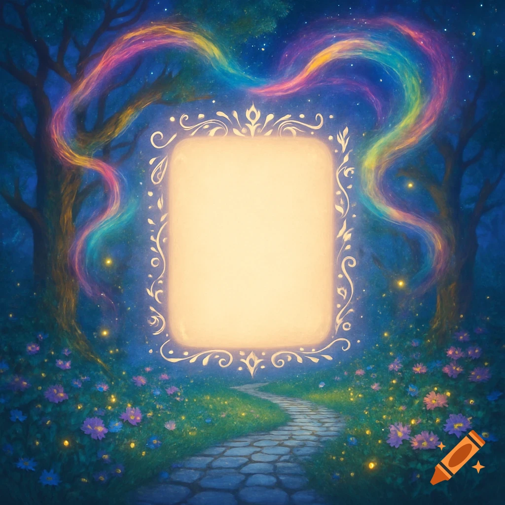 A magical fairy tale forest path leading to a glowing ornate frame, surrounded by rainbow light and twinkling flowers.