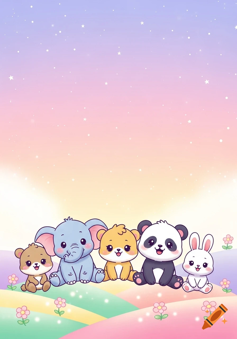 Five cute cartoon baby animals, including a bear, elephant, panda, and rabbit, sit on colorful hills under a pastel starry sky.