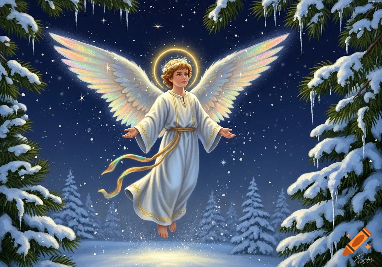 A young angel with iridescent wings and a halo floats in a sparkling snowy winter forest at night.