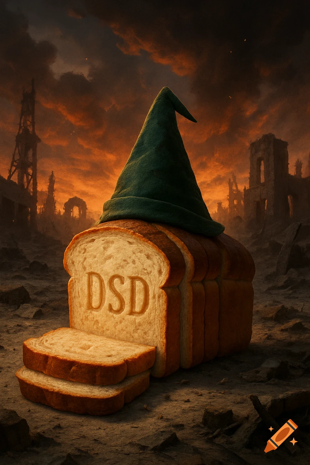 A photorealistic image of a loaf of bread wearing a green elf hat, with 'DSD' engraved, in a desolate apocalyptic landscape.