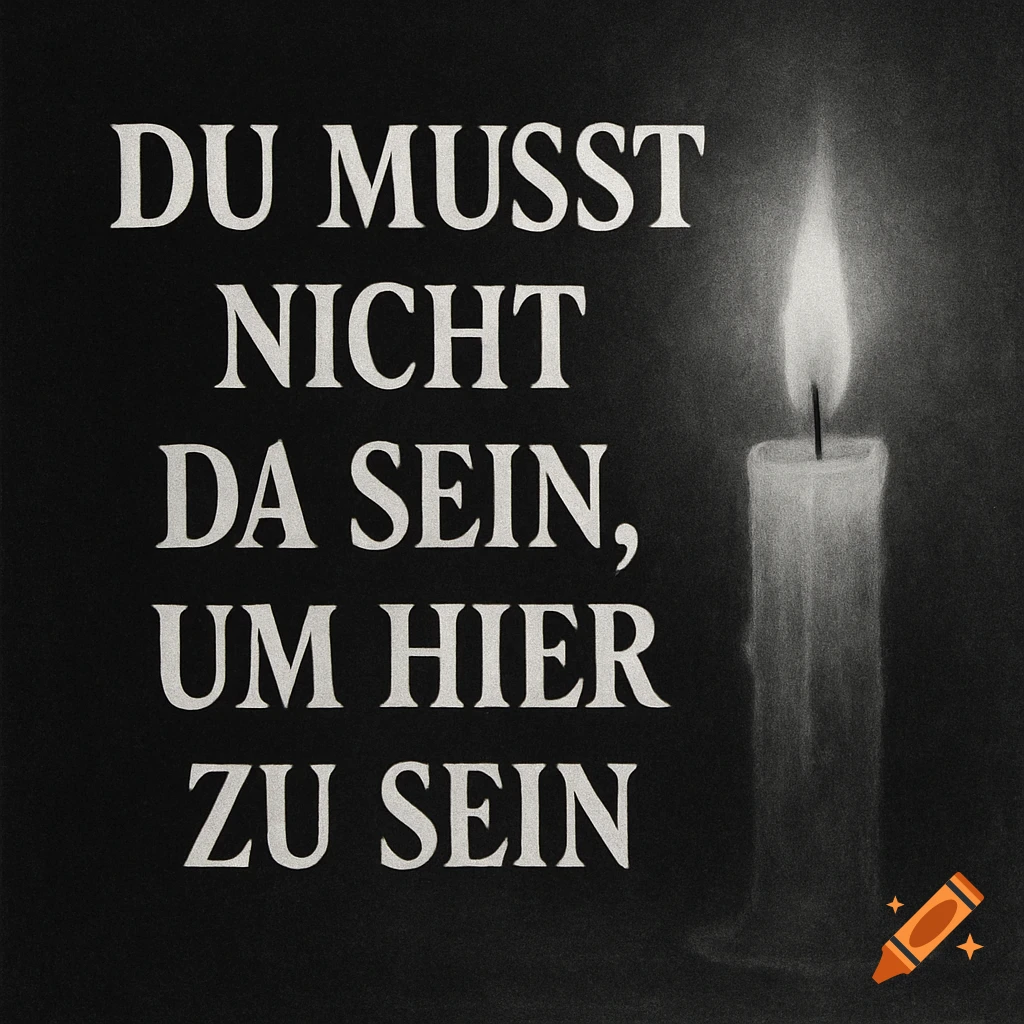 German quote 'Du musst nicht da sein, um hier zu sein' next to a lit candle, in black and white.