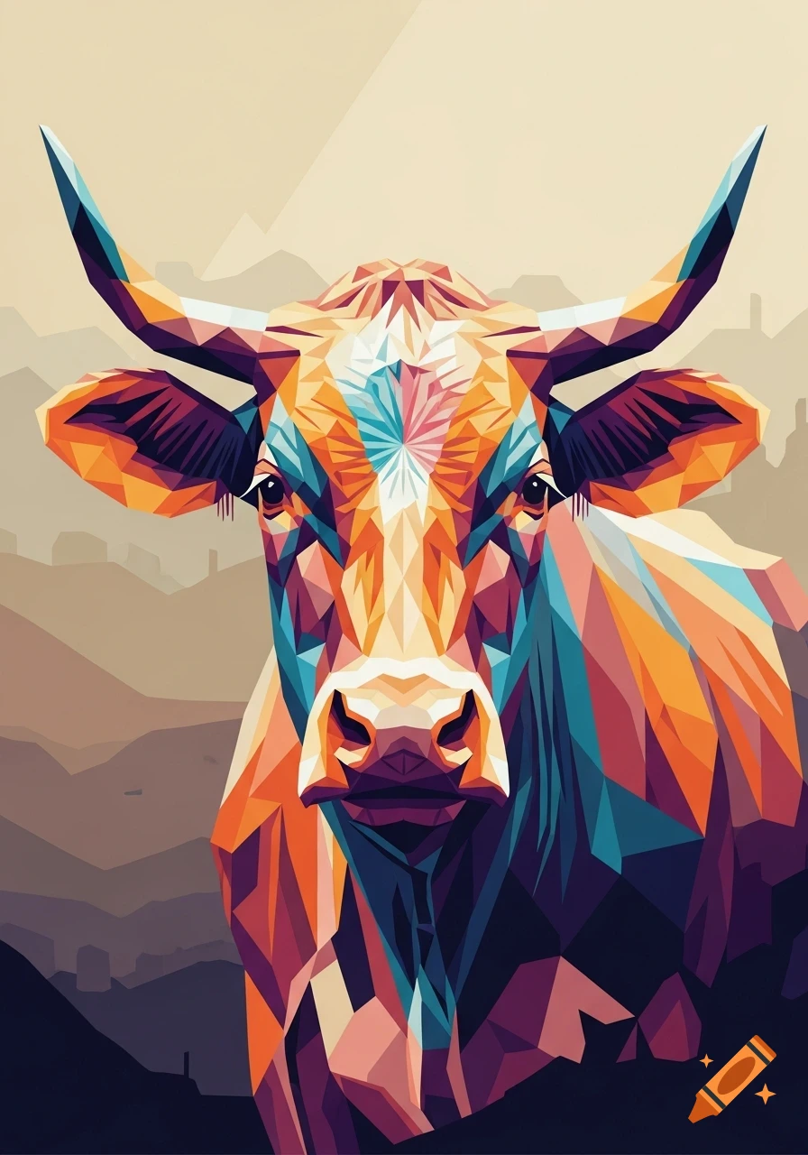 A vibrant, angular cubism-style depiction of a cow's head, with geometric shapes in orange, blue, purple, and yellow against a muted background.