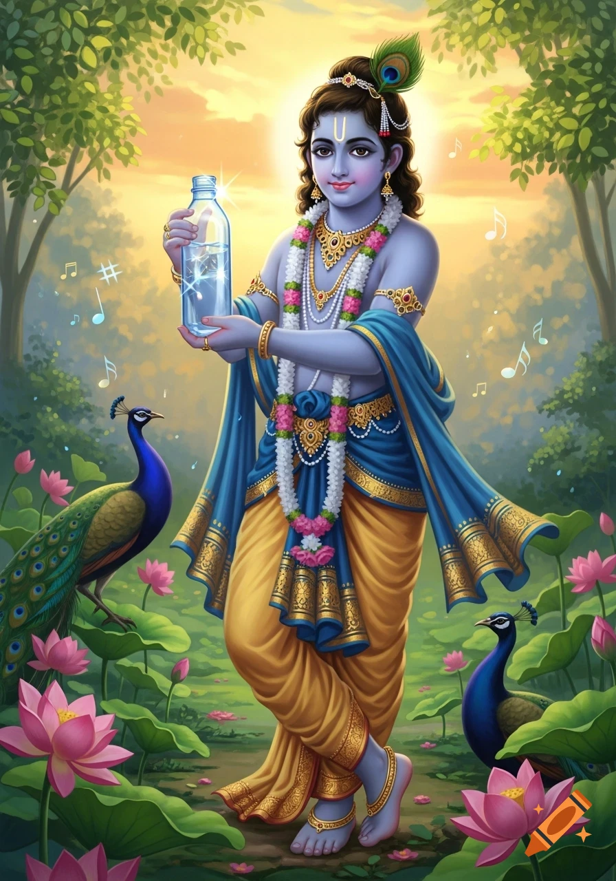 Young, blue-skinned Krishna in ornate attire holds a water bottle, surrounded by lotus flowers and peacocks at sunset.