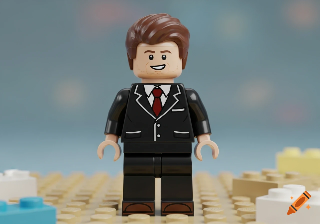 A Lego minifigure of a man in a black suit with a red tie and brown hair stands on a tan Lego baseplate.