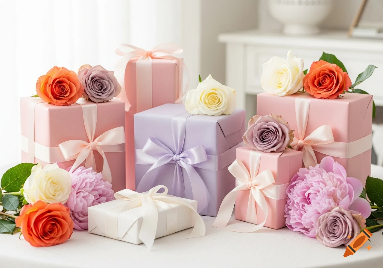 A collection of pastel pink, purple, and white gift boxes adorned with ribbons, roses, and peonies on a white table in soft light.