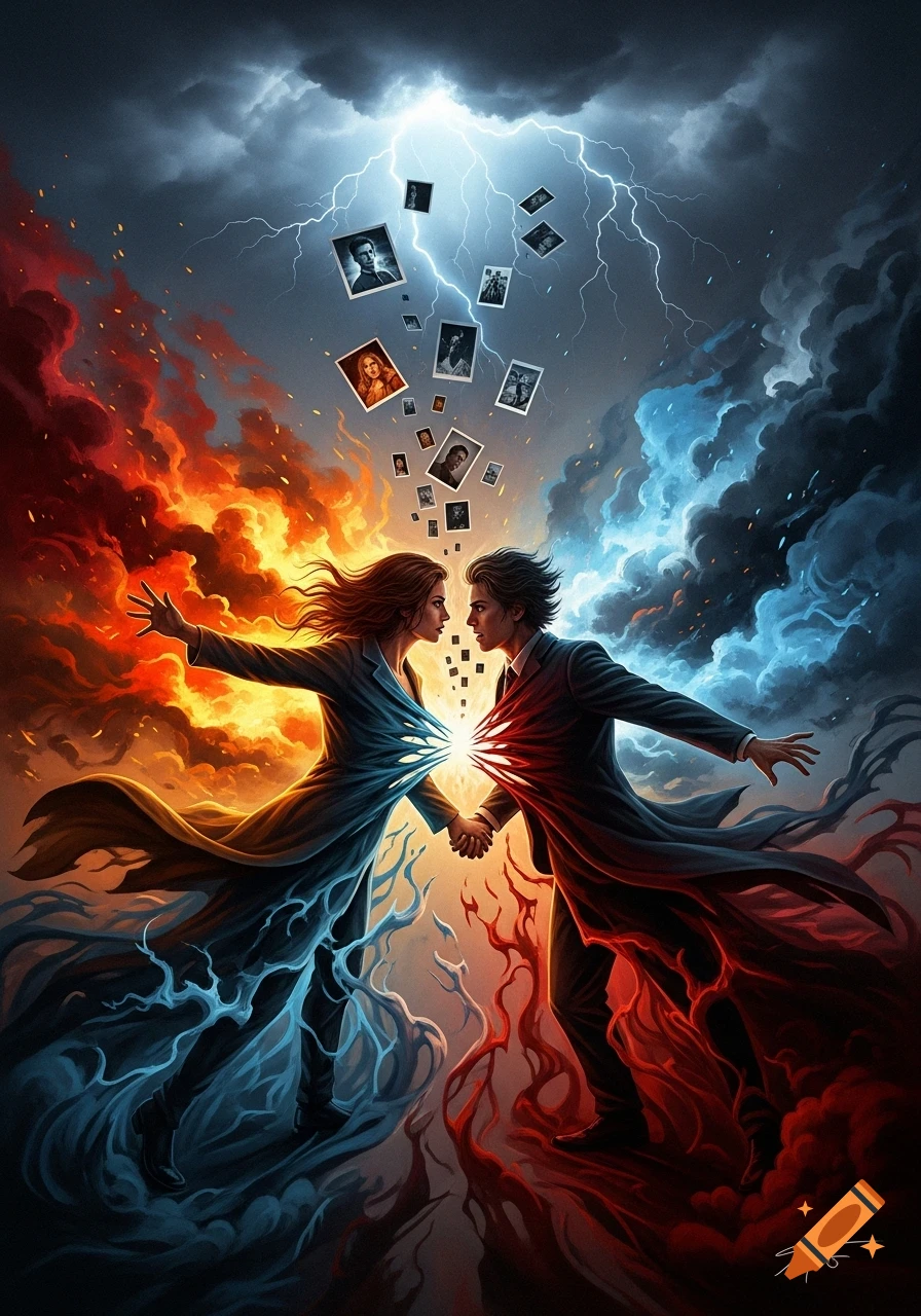 A man and a woman hold hands amidst a dramatic elemental clash of fire, ice, and lightning, with floating photographs above.