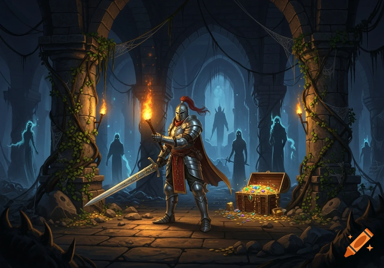 Armored knight holding a torch and sword in a dark dungeon with glowing ghostly figures and a treasure chest.