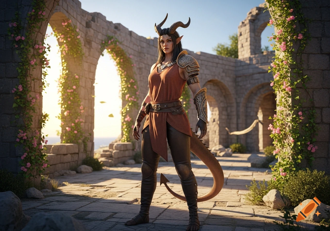 A female fantasy warrior with horns and a tail, wearing rustic armor, stands in ancient stone ruins adorned with pink flowers.