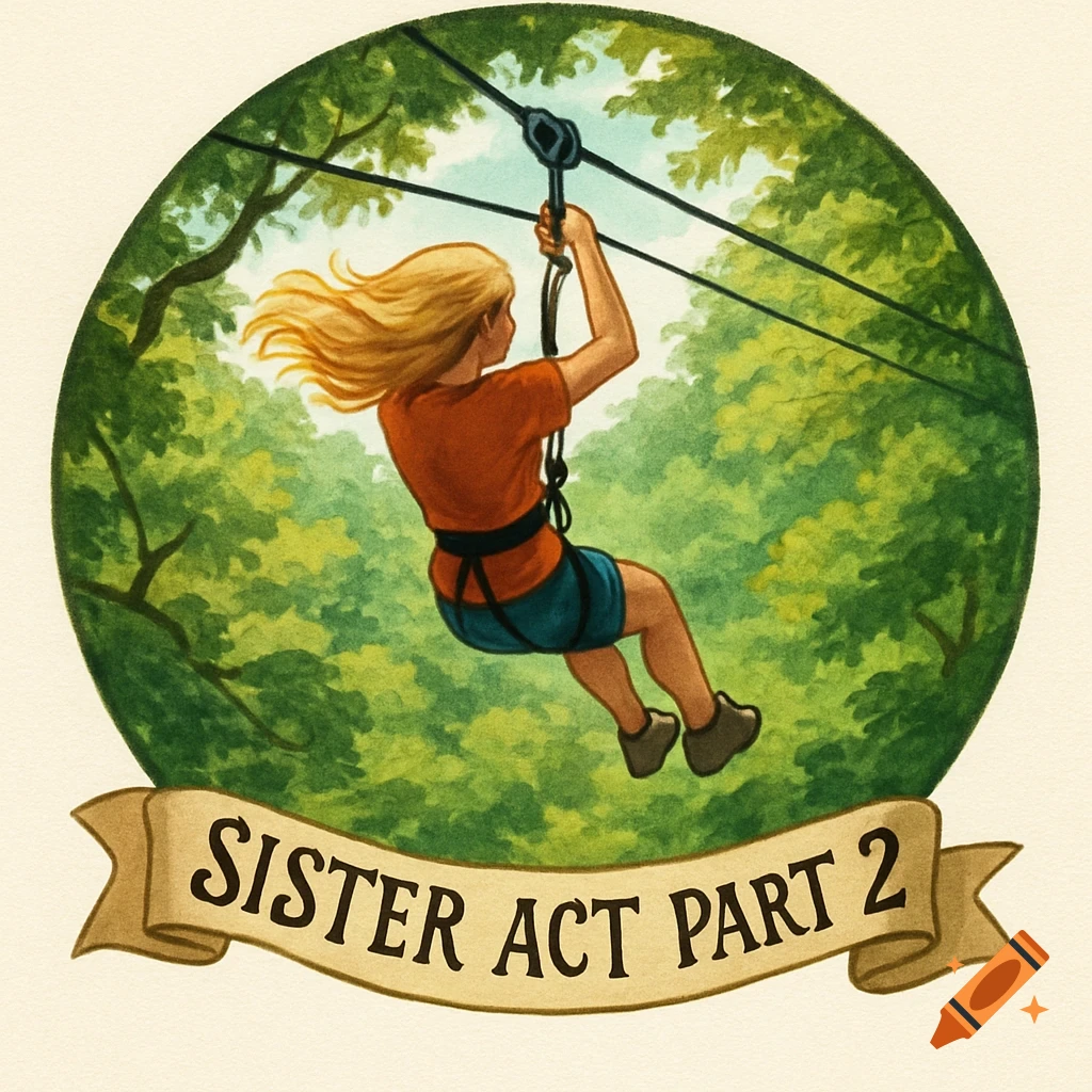 Drawn illustration of a blond person ziplining through a forest, with a banner below reading 'SISTER ACT PART 2'.