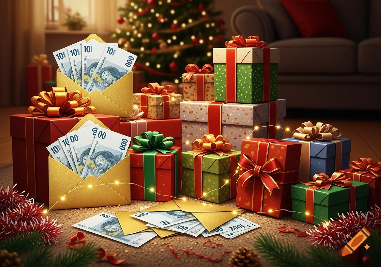 Close-up of numerous wrapped Christmas gifts and golden envelopes overflowing with banknotes on a festive, decorated surface with a blurred Christmas tree in the background.