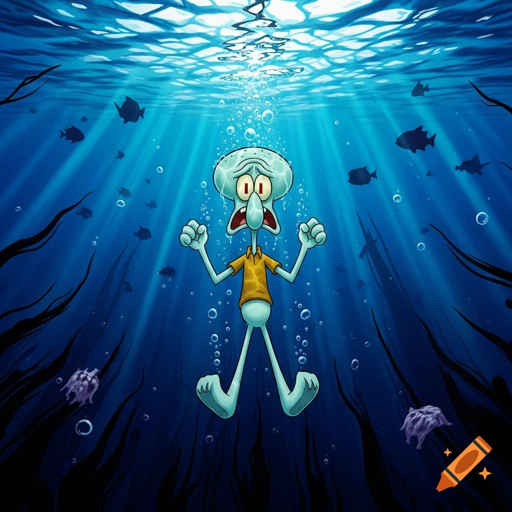 Squidward Tentacles from Spongebob Squarepants looks panicked underwater, surrounded by fish and kelp.