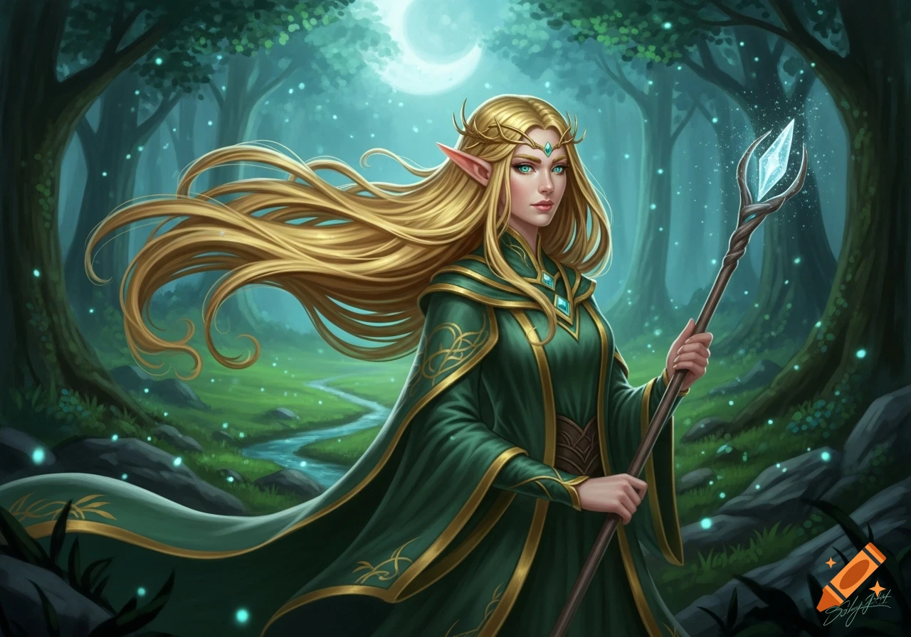 A female elf with golden hair and pointed ears in a green cloak holds a ...
