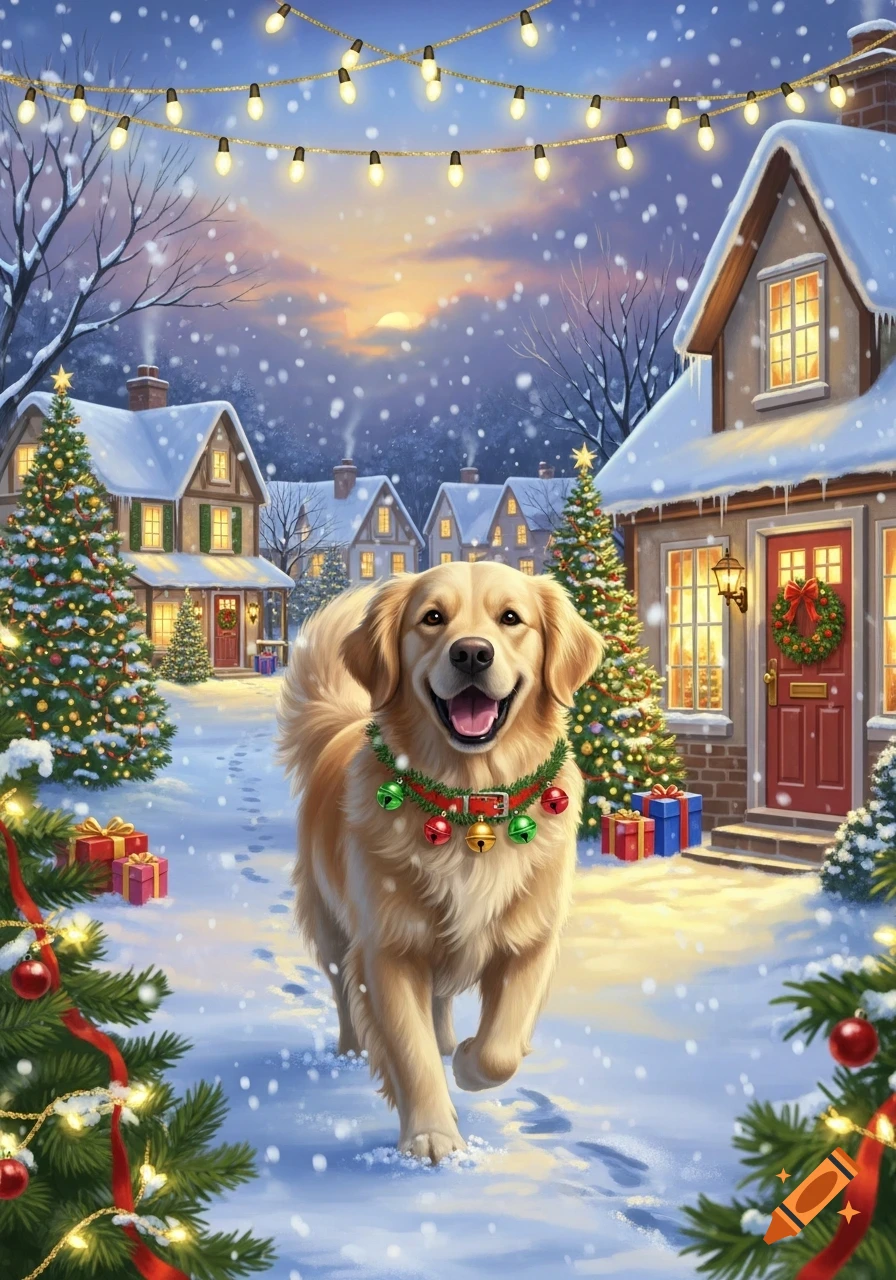 A happy golden retriever with a festive bell collar runs through a snowy village at sunset, surrounded by decorated Christmas trees and string lights.