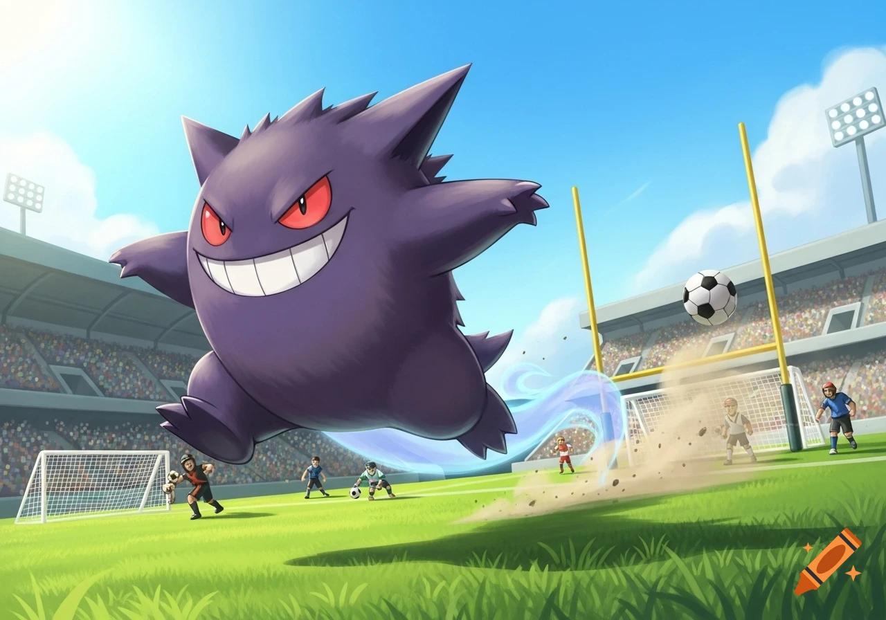 Giant purple Gengar playing soccer in a stadium, kicking a ball with small human players nearby, cartoon style.