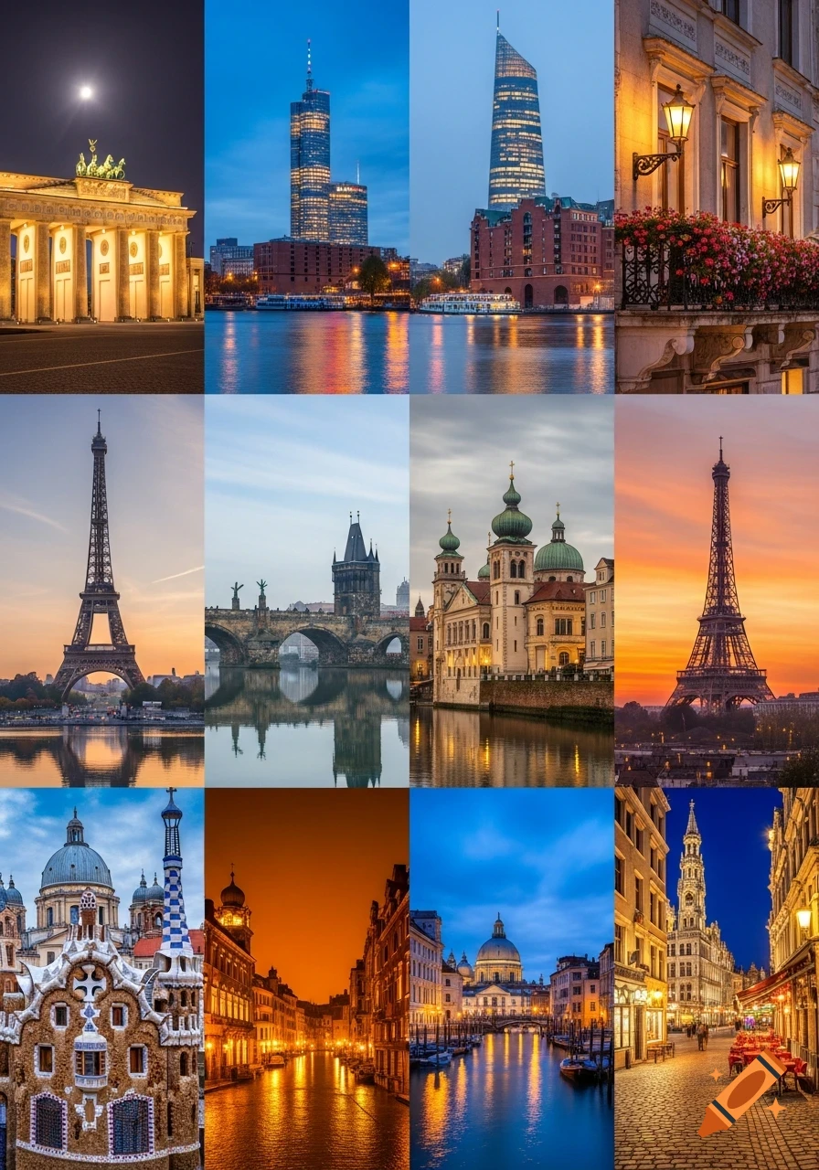 A twelve-panel collage showcasing famous European cityscapes and landmarks, including the Brandenburg Gate, Eiffel Tower, Charles Bridge, and Venetian canals.