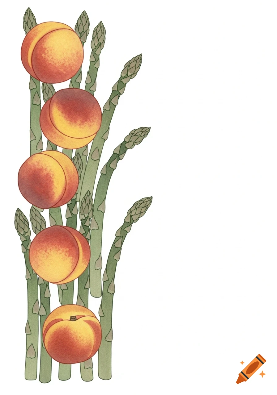 Illustration of five peaches arranged vertically with bundles of green asparagus on a white background, in muted earth tones.