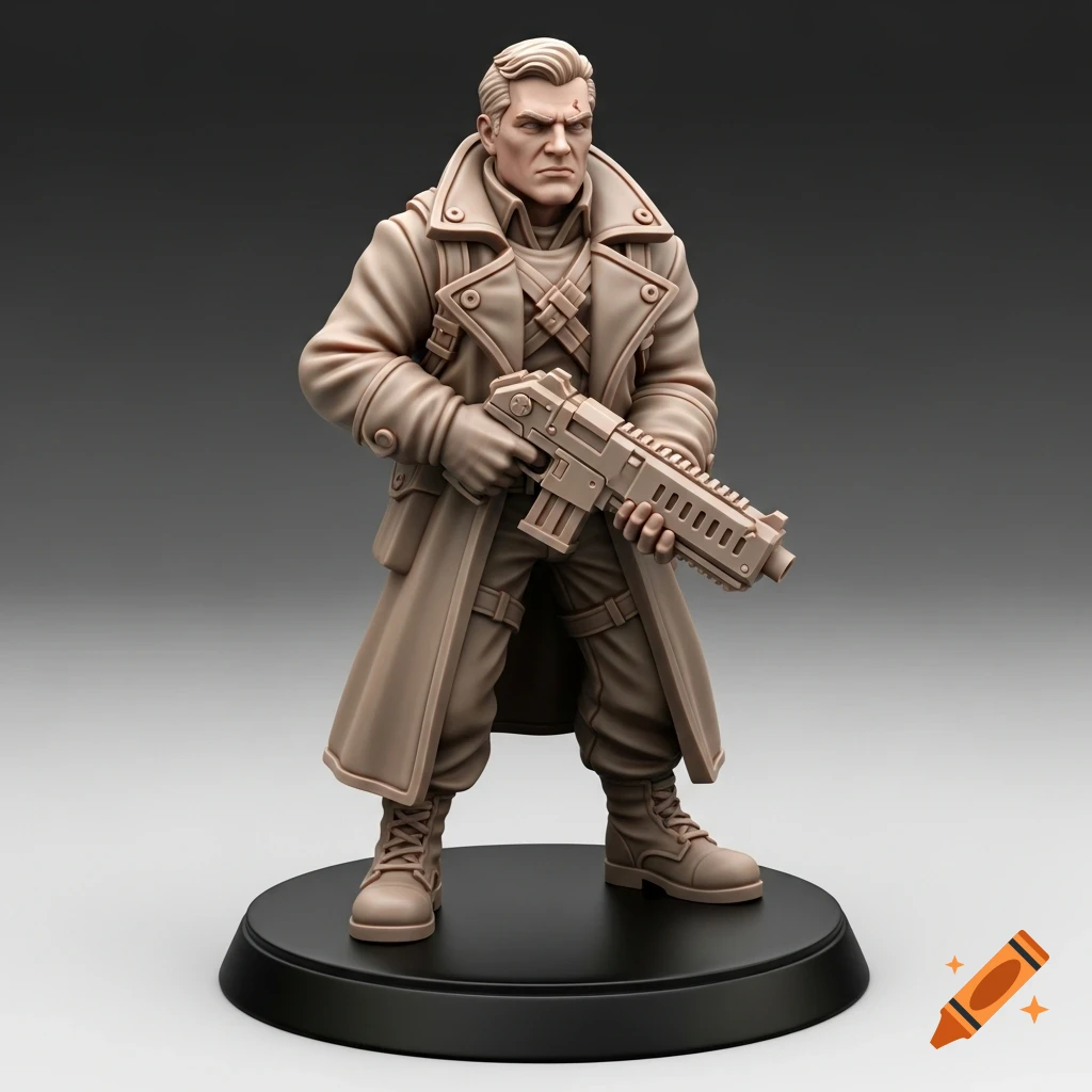 A beige-colored, stylized tabletop miniature of a stern male soldier in a long coat, holding a chunky rifle, on a black base.