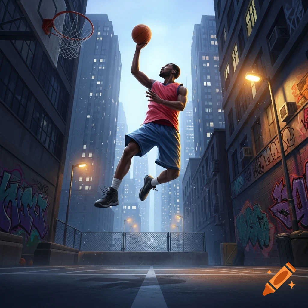 A man in a red tank top and blue shorts dunks a basketball in a stylized urban setting with tall buildings and graffiti-covered walls.