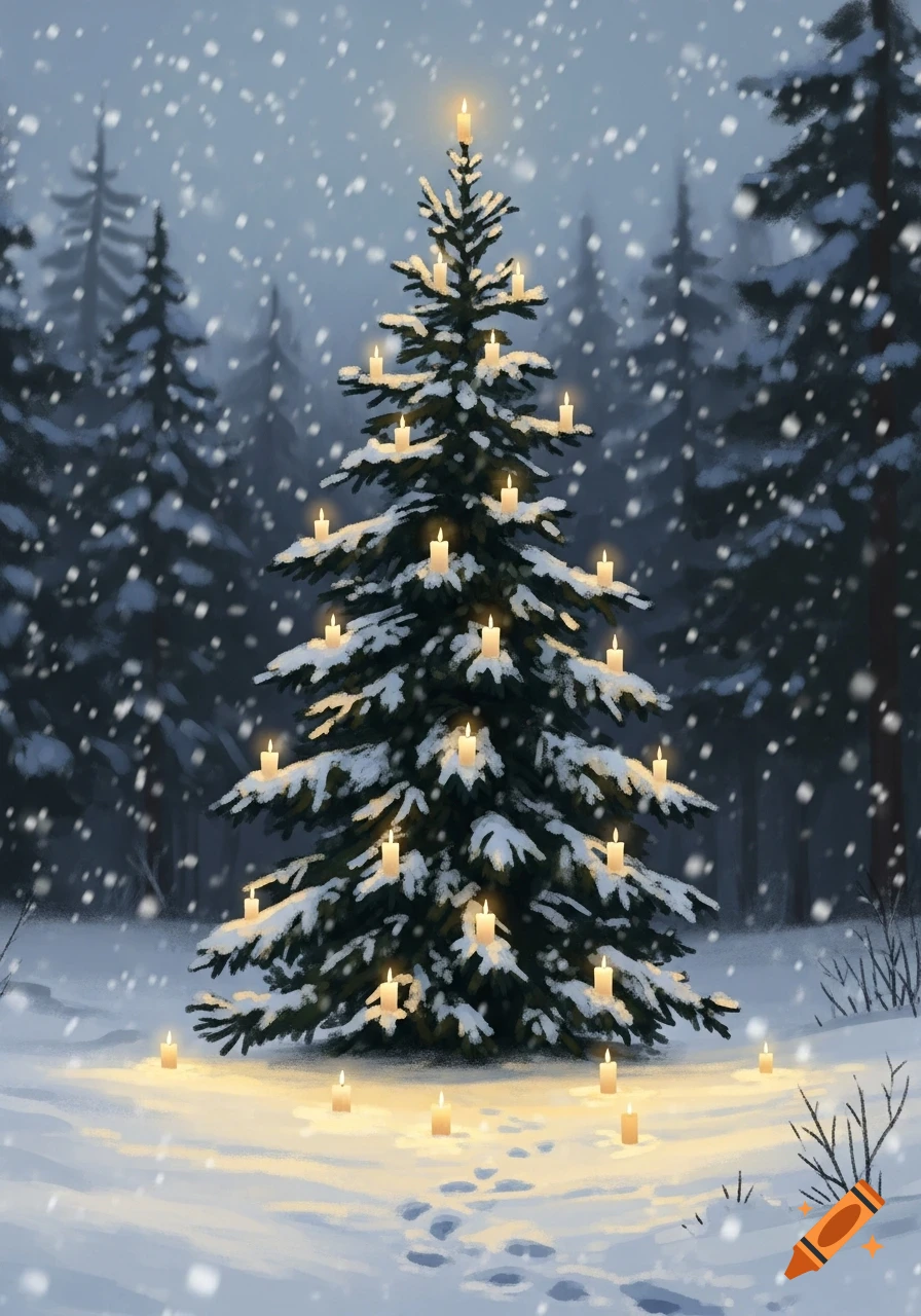 A snow-covered Christmas tree decorated with lit candles in a snowy ...