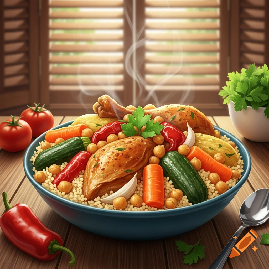 Steaming bowl of couscous with chicken, chickpeas, vegetables, and parsley on a wooden table. Photorealistic.