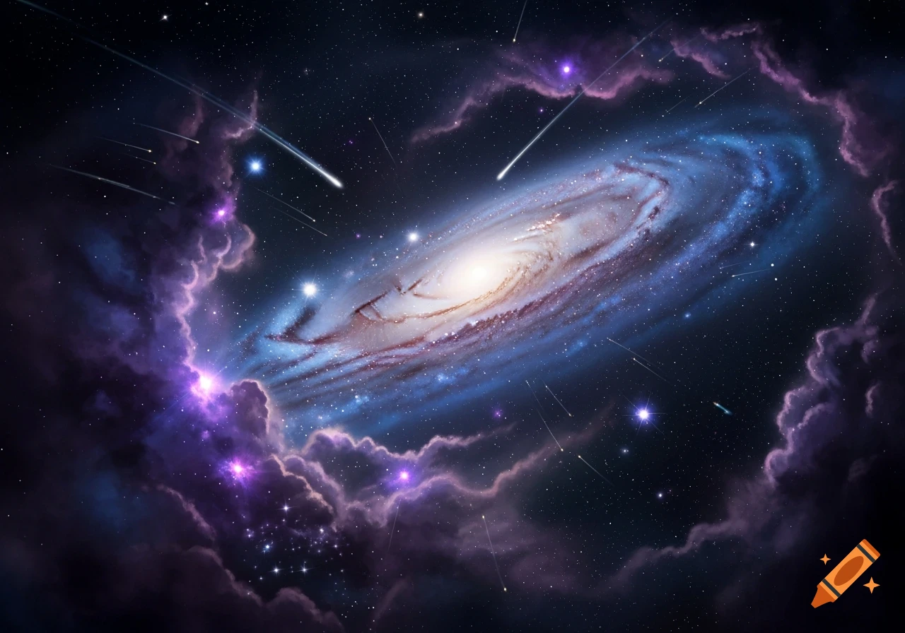 A vibrant spiral galaxy with a bright core and blue arms, surrounded by glowing purple nebulous clouds and numerous shooting stars in a dark cosmic sky.