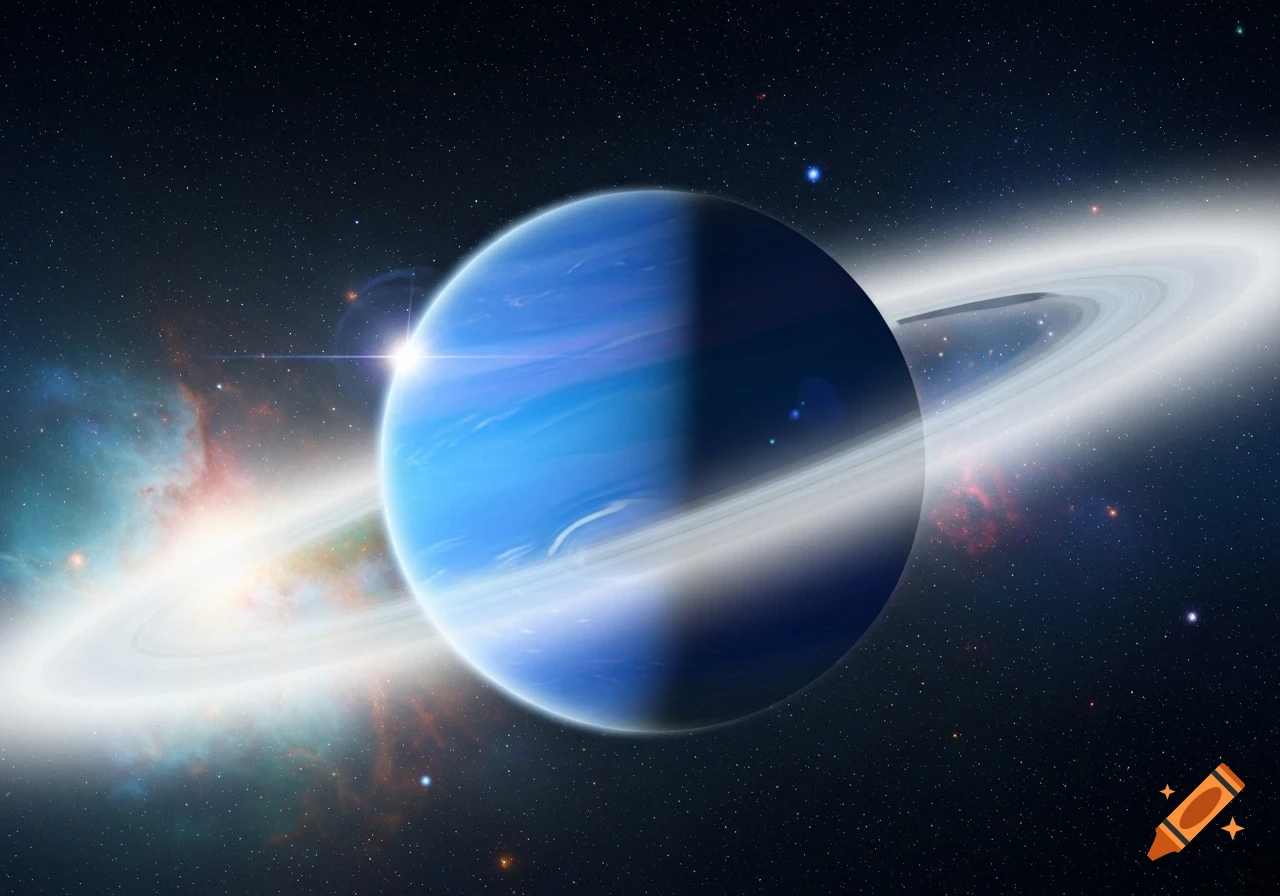 A large blue gas giant planet with glowing white rings, illuminated by a bright star, against a starry space background with a colorful nebula.