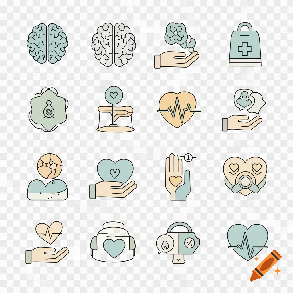 A grid of sixteen transparent pastel-colored line art icons related to mental health, including brains, hearts, hands, and a medical bag.