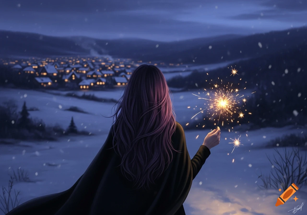 A woman with long purple hair holds a sparkler, overlooking a snowy village at dusk.