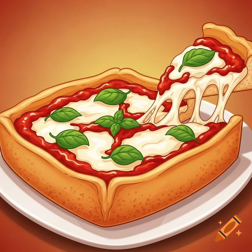 Cartoon Detroit deep-dish pizza with a thick crust, gooey mozzarella, red marinara, and green basil, with a slice being pulled showing cheese stretch.