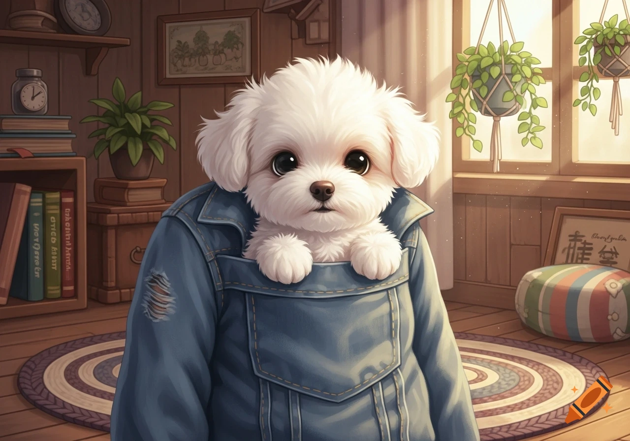 A fluffy white puppy peeking out of a blue denim jacket pocket in a cozy, illustrated room.