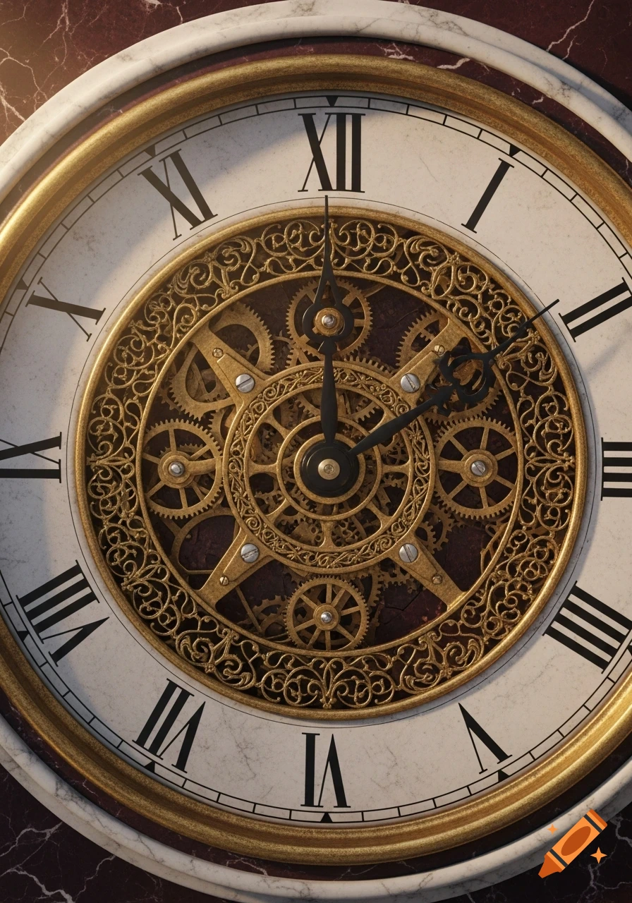 A photorealistic close-up of an ornate clock face with golden gears, black Roman numerals, and a marble casing.