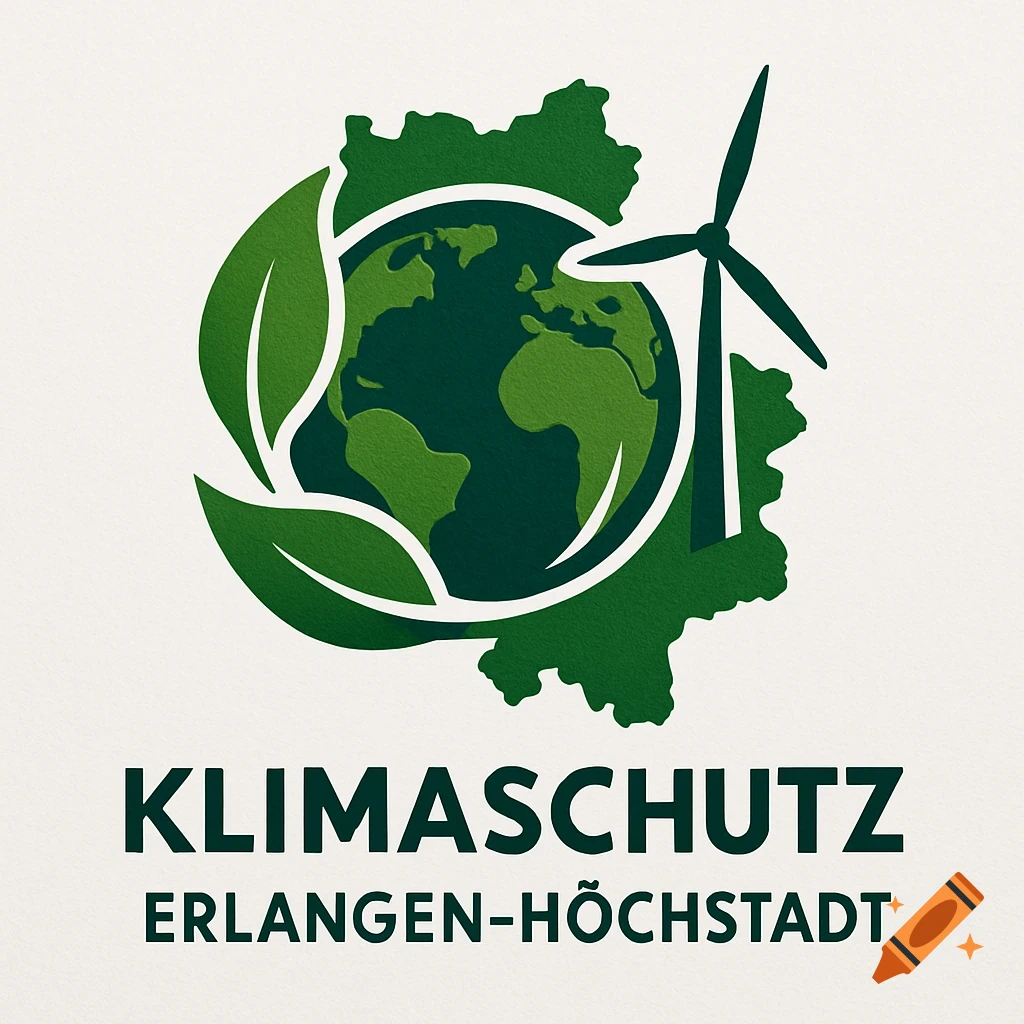 A green logo featuring a globe, leaves, a wind turbine, and a map outline. Text reads: KLIMASCHUTZ ERLANGEN-HÖCHSTADT.