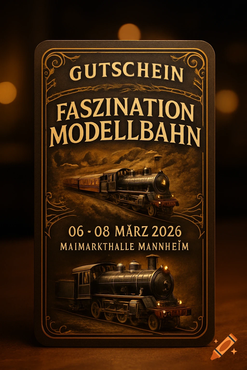 A vintage-style golden voucher for "Faszination Modellbahn" featuring steam trains, event dates "06 - 08 M ärz 2026", and location "Maimarkthalle Mannheim".