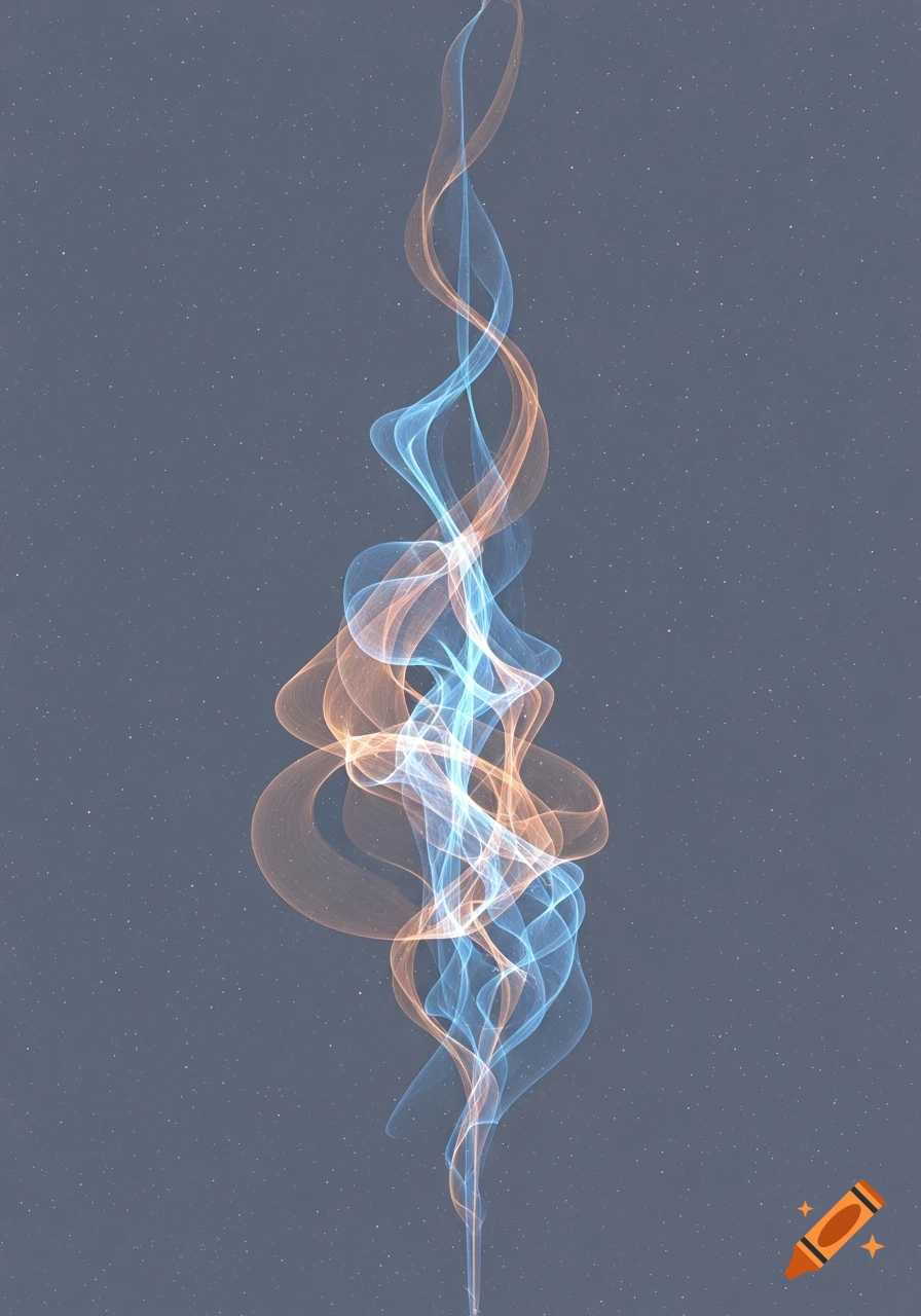 Abstract flowing vertical shapes in pastel blue and orange, resembling smoke or a nebula, against a speckled grey background.