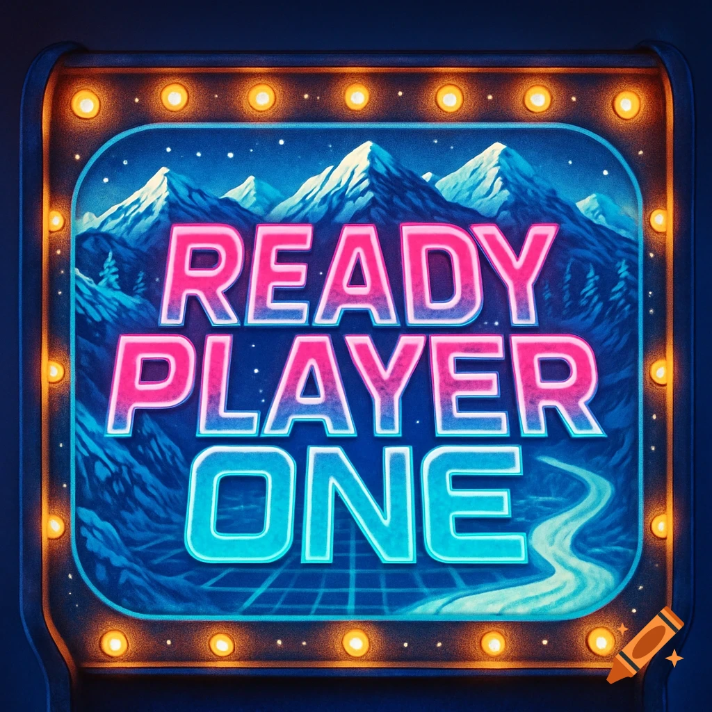 A neon arcade marquee sign for "Ready Player One" with glowing pink and blue text over snowy mountains and a grid background.
