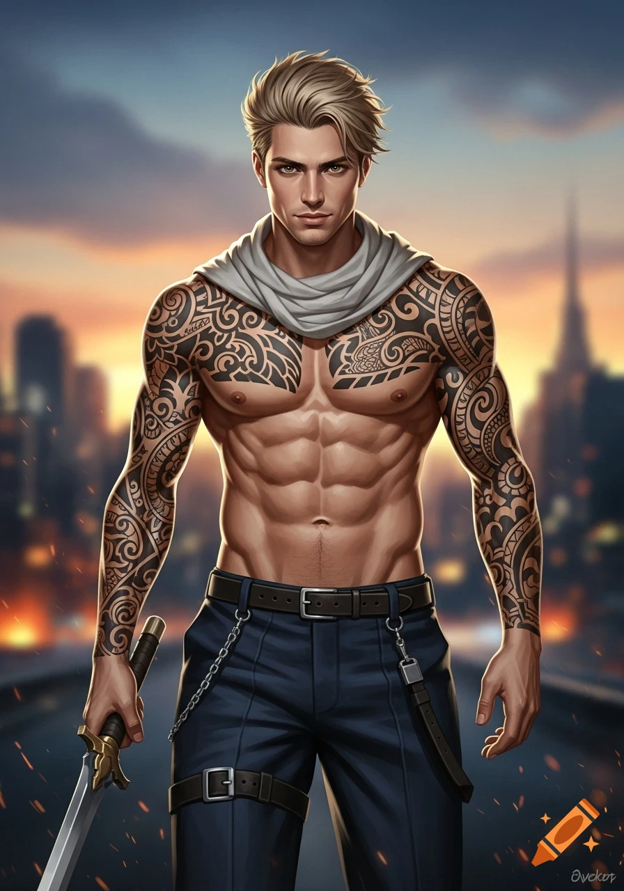 Muscled man with blonde hair, tribal tattoos on chest and arms, light gray scarf, dark pants, holding a sword, against a city sunset.