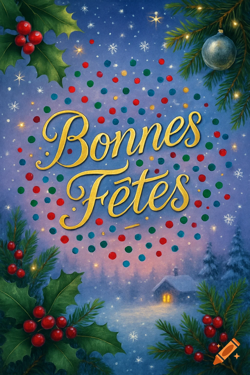 Festive illustration with 'Bonnes Fêtes' in golden script, surrounded by holly, pine, colorful confetti, and a snowy cabin.