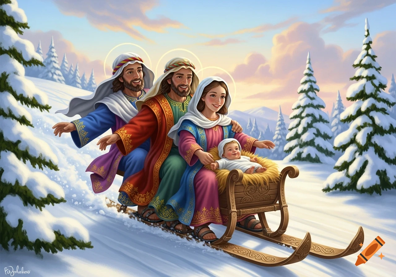 The Holy Family, Jesus, Mary, and Joseph, joyfully sledding down a snowy hill surrounded by pine trees under a winter sky in a colorful cartoon style.