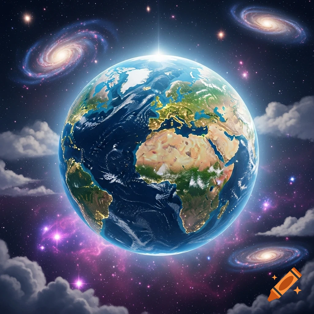 A vibrant photorealistic image of Earth seen from space, with city lights, surrounded by swirling galaxies, stars, and clouds.