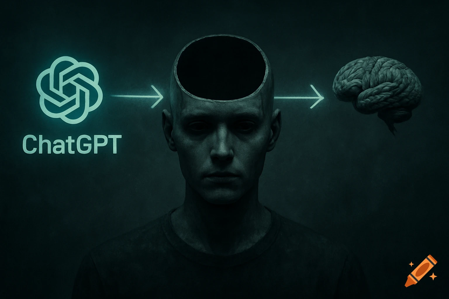 Dystopian artwork of a person with an open head, a glowing ChatGPT logo, and a brain floating away with energy streams.