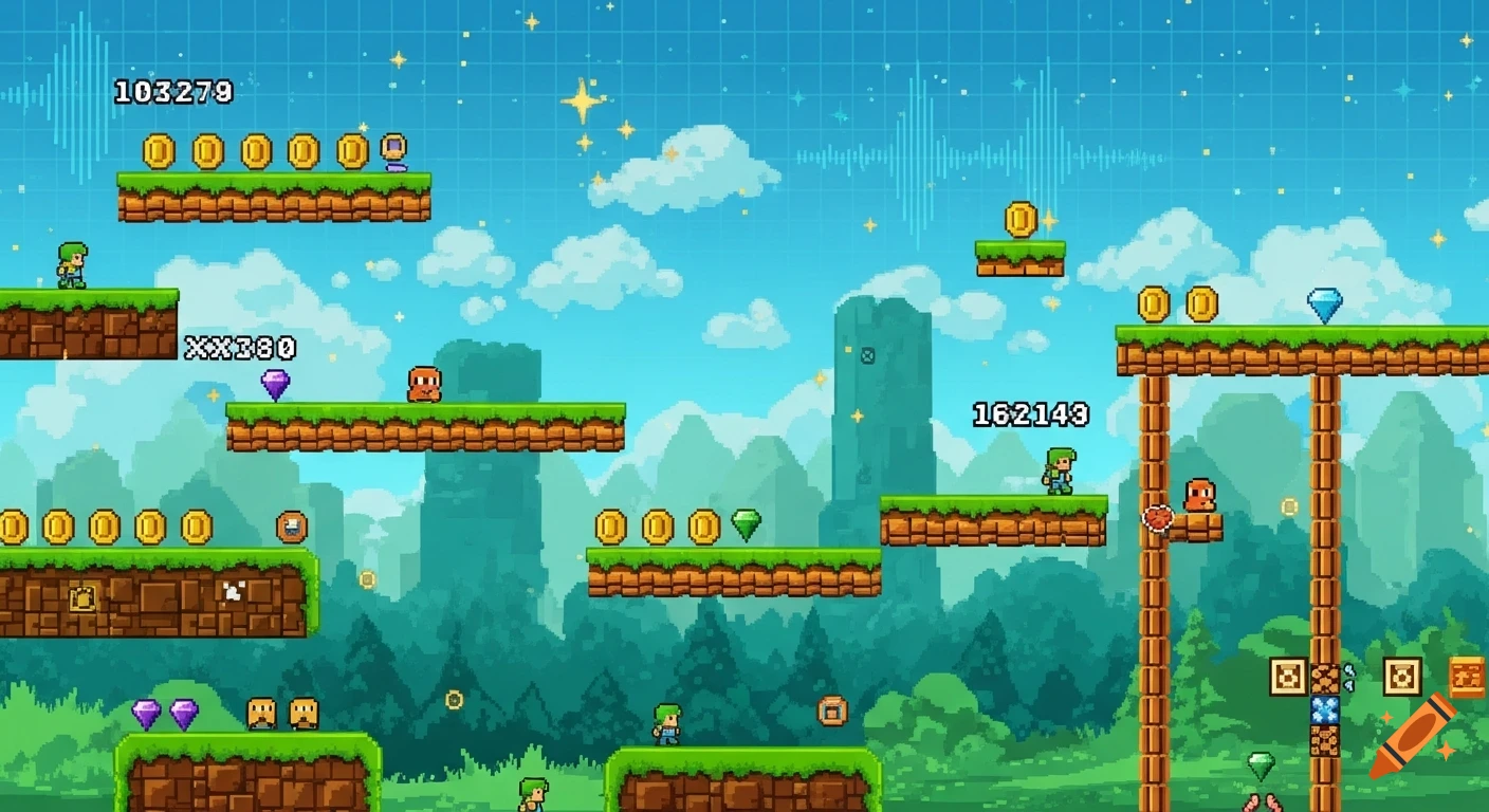 A vibrant pixel art retro platformer game scene with a green-clad character, coins, diamonds, and enemies on brown platforms under a blue sky.