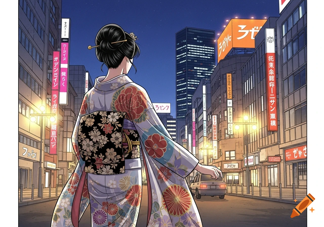 Anime style illustration of a woman in a floral kimono walking away down a neon-lit city street at night.