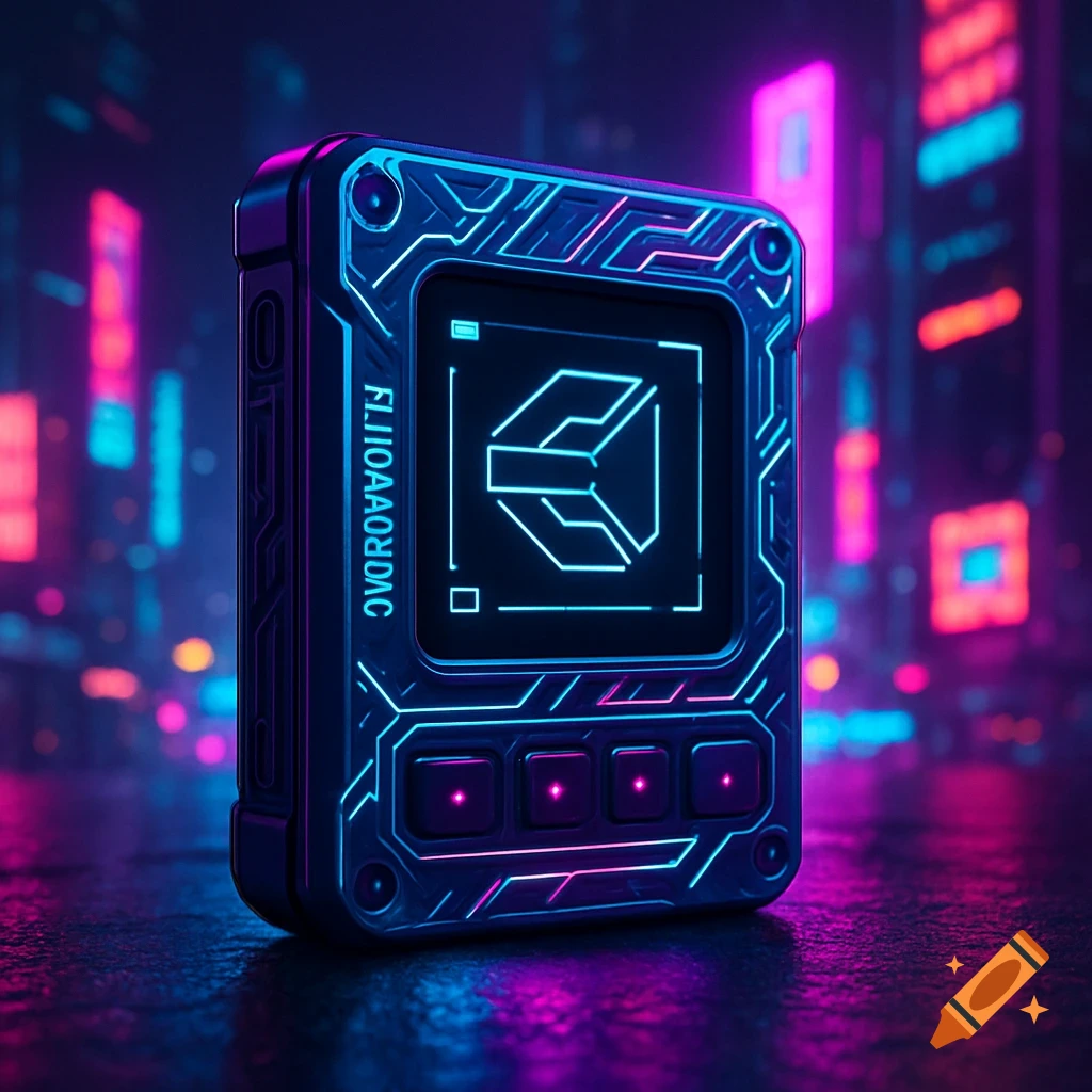 A futuristic diagnostic tool in a cyberpunk city, glowing with blue and pink neon lights.