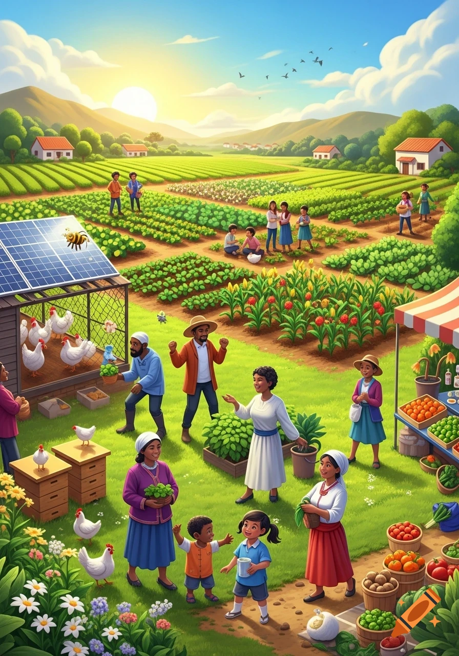 A vibrant cartoon illustration of a diverse community harvesting crops, tending chickens, and selling produce on a lush, sunny farm with a solar panel.