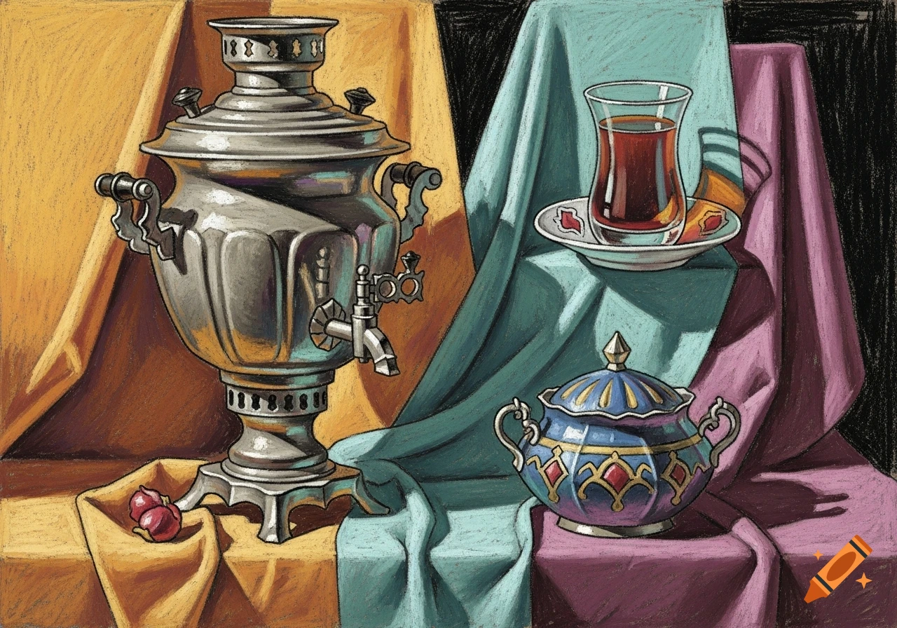 A chalk pastel cubist still life drawing of a silver samovar, a tea glass, and a decorative blue sugar bowl on draped fabric.