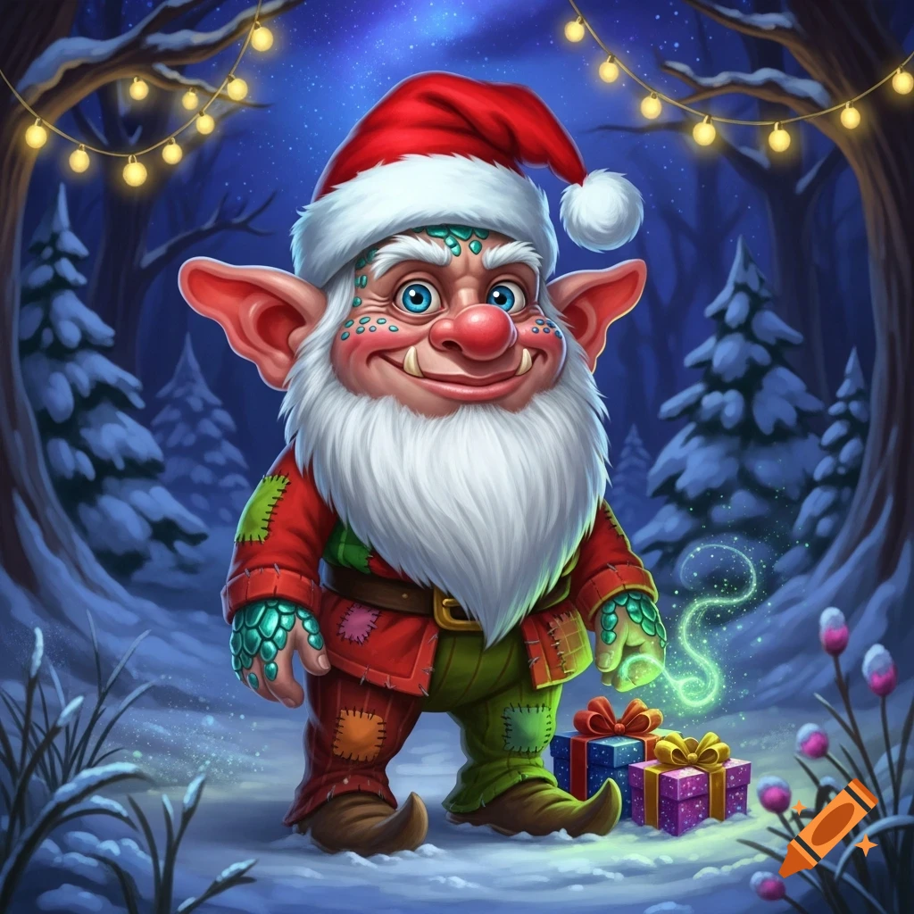 A cheerful, cartoonish gnome with a white beard and Santa hat stands in a snowy forest at night, holding a glowing gift.