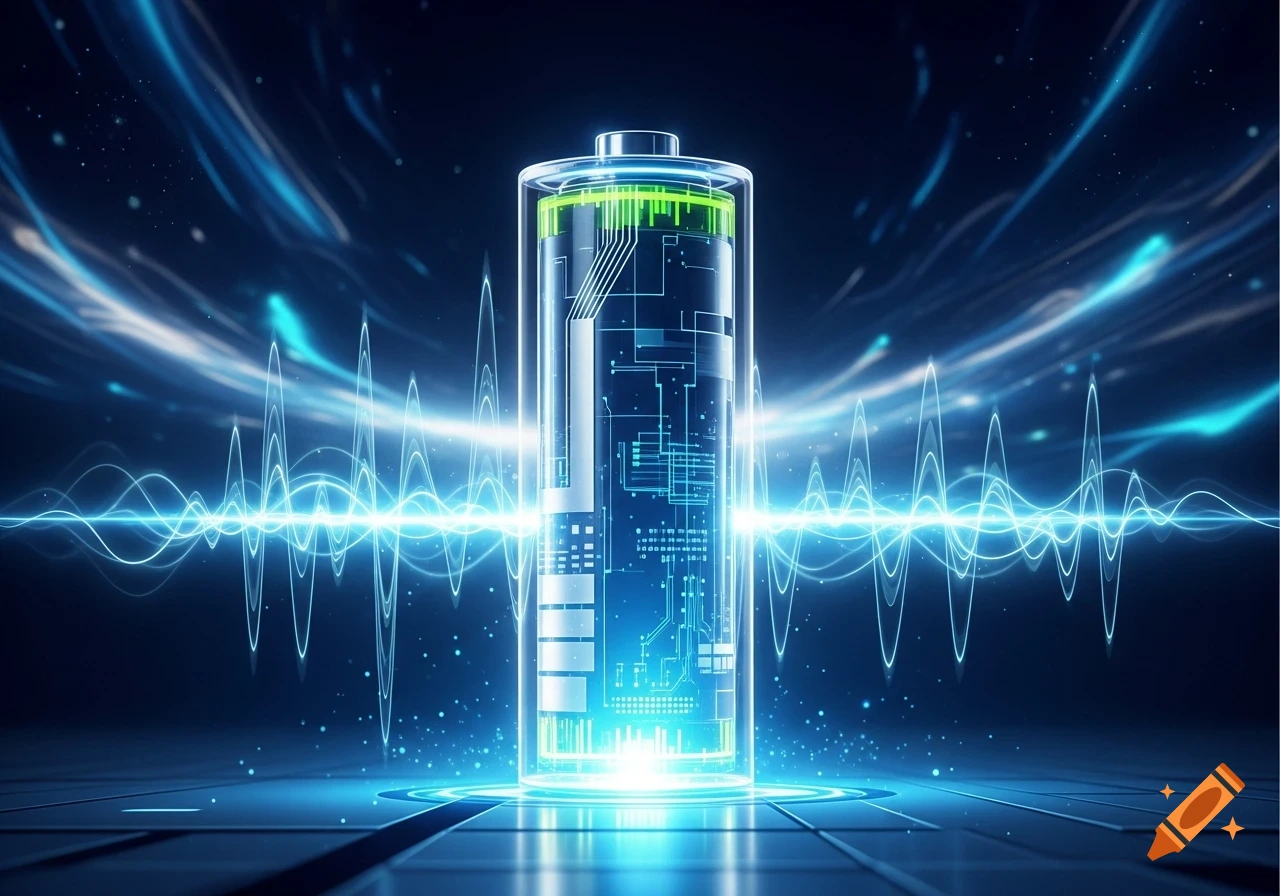 A glowing, futuristic battery with circuit board elements inside, surrounded by blue energy waves and particles on a dark, reflective surface.